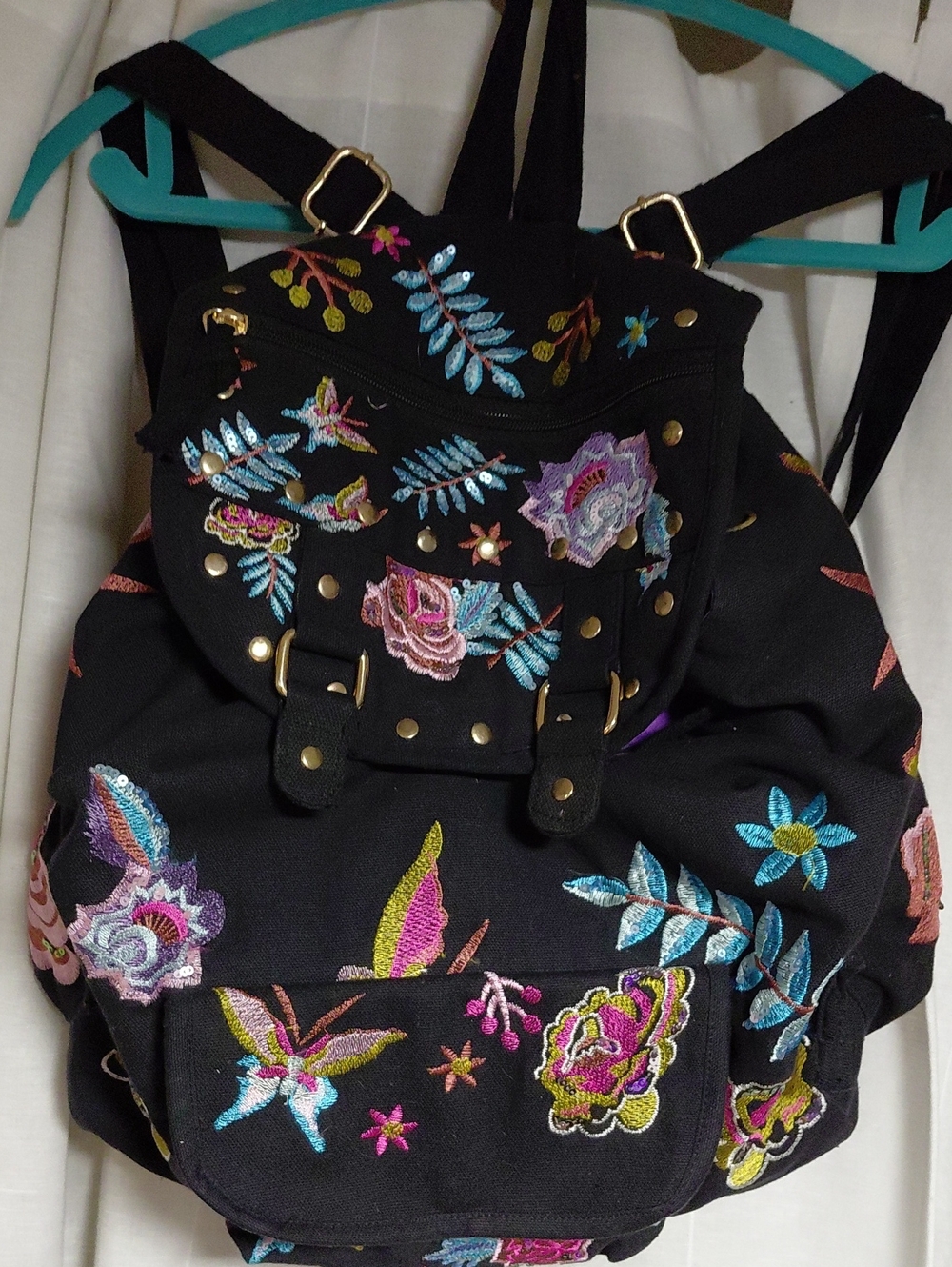 Embroidered Floral Black Backpack - Women Bags